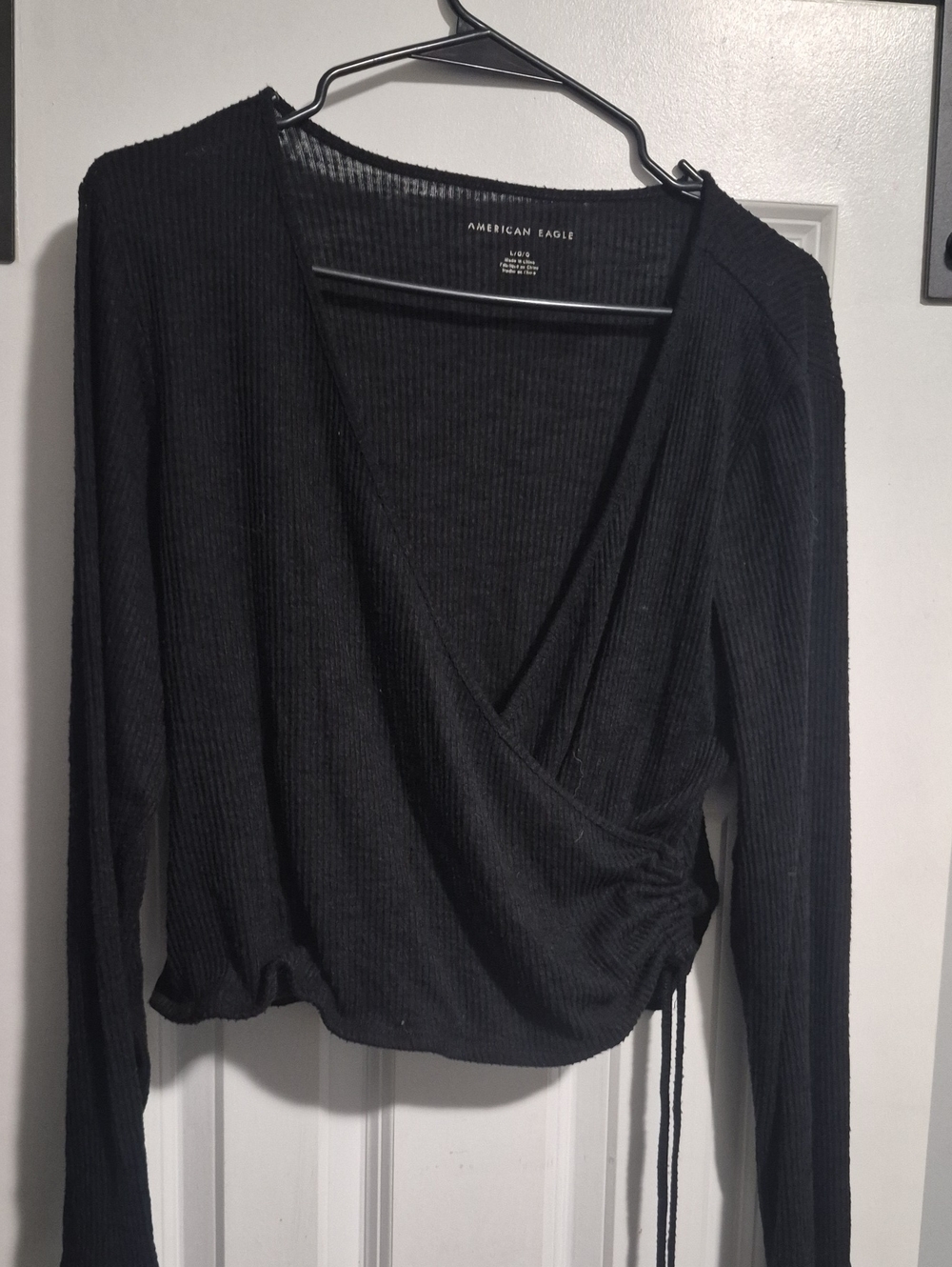 American Eagle Outfitters Black Ribbed Crossover Long-Sleeve Top